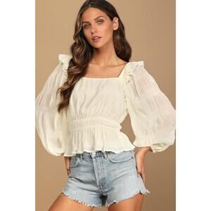 Lulus Wonderous Dreamer Cream Ruffled Balloon Sleeve Top Textured Size M Medium